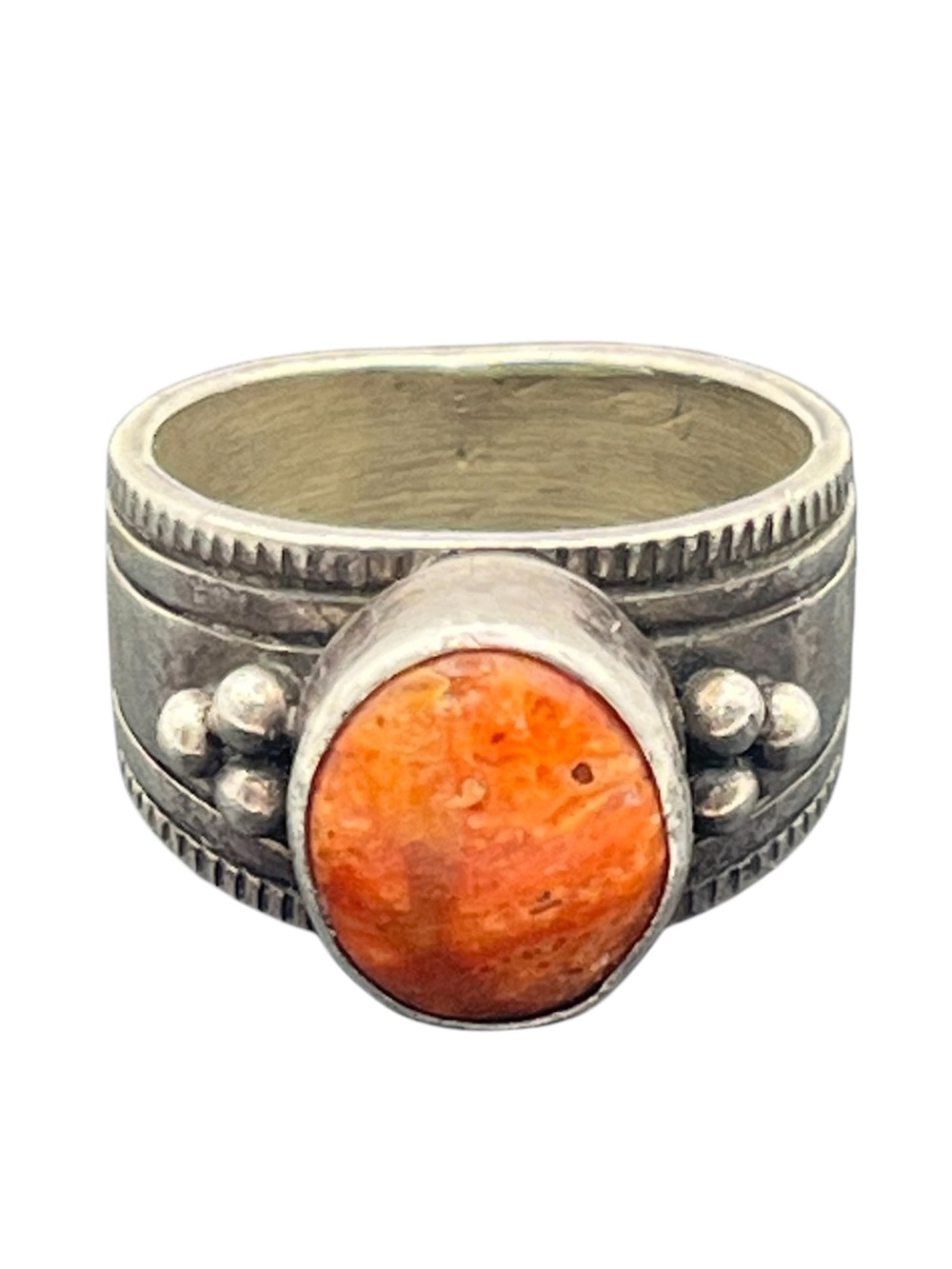 Native American Cortiz corn stalk sterling silver orange cabochon ring size 7.5